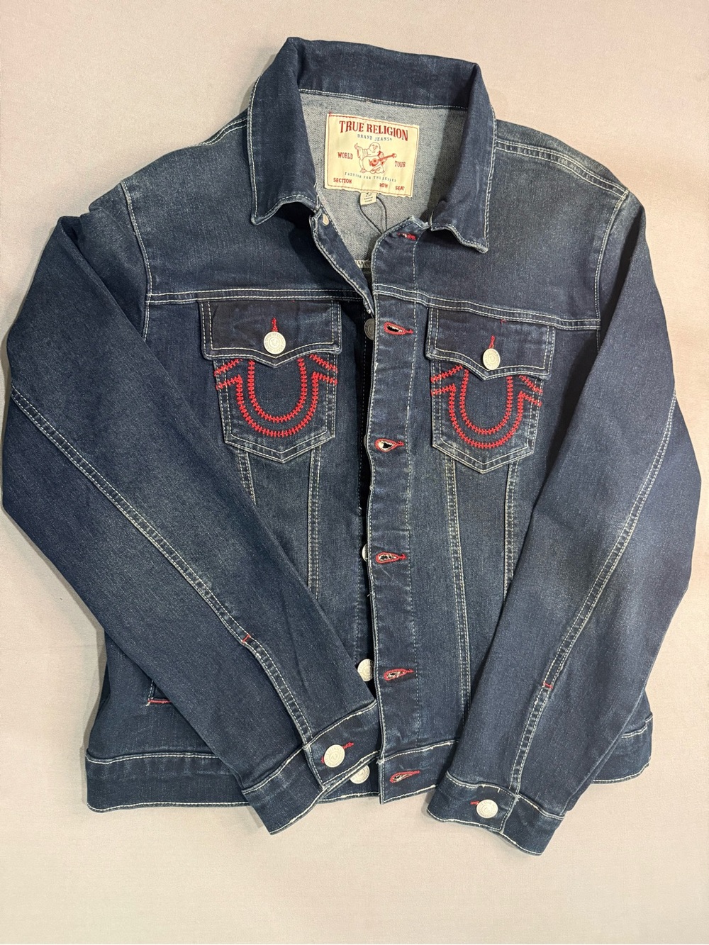 True Religion Denim Stitch Jacket Blue Men’s S Regular Red Stitch Button Pockets